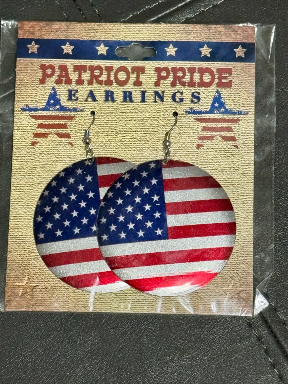 American Flag Round Metal Dangle Earrings - Red, White & Blue